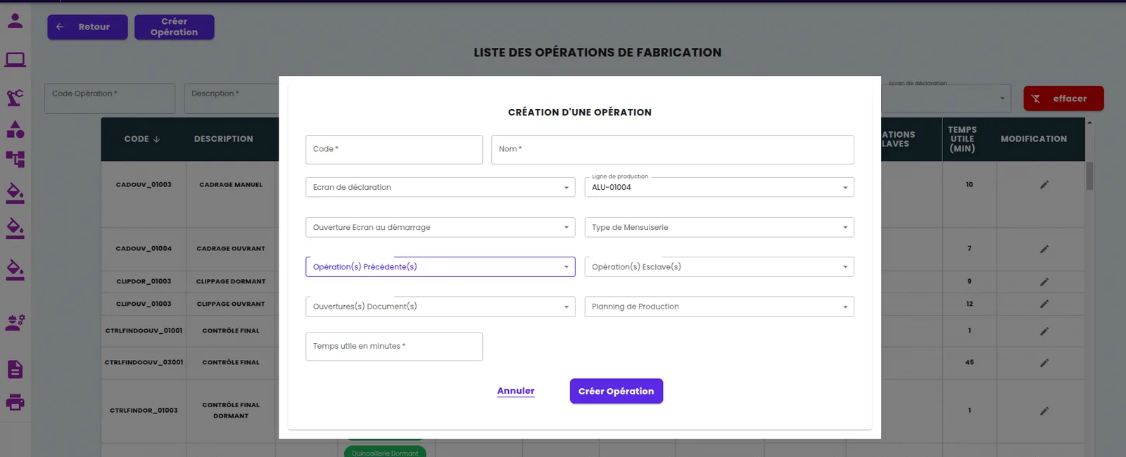 Formulaire de création d'une opération de fabrication rattachée à une ligne de production