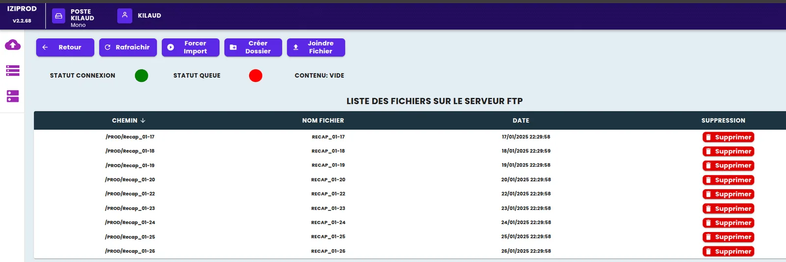 Liste des fichiers XML présents sur le serveur SFTP, consultée depuis la GPAO connectée à l'ERP Diapason