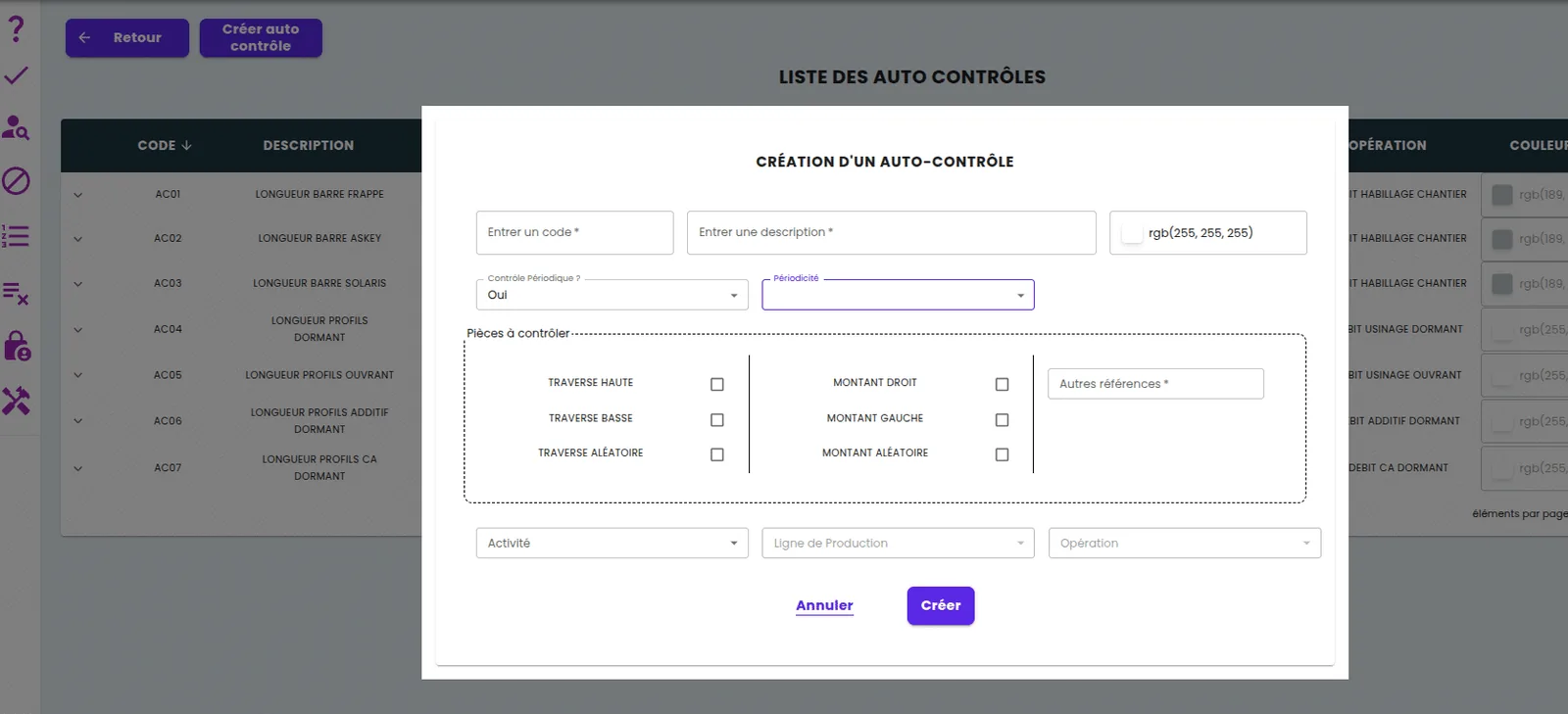 Formulaire de paramétrage d'un autocontrôle sur un poste de production