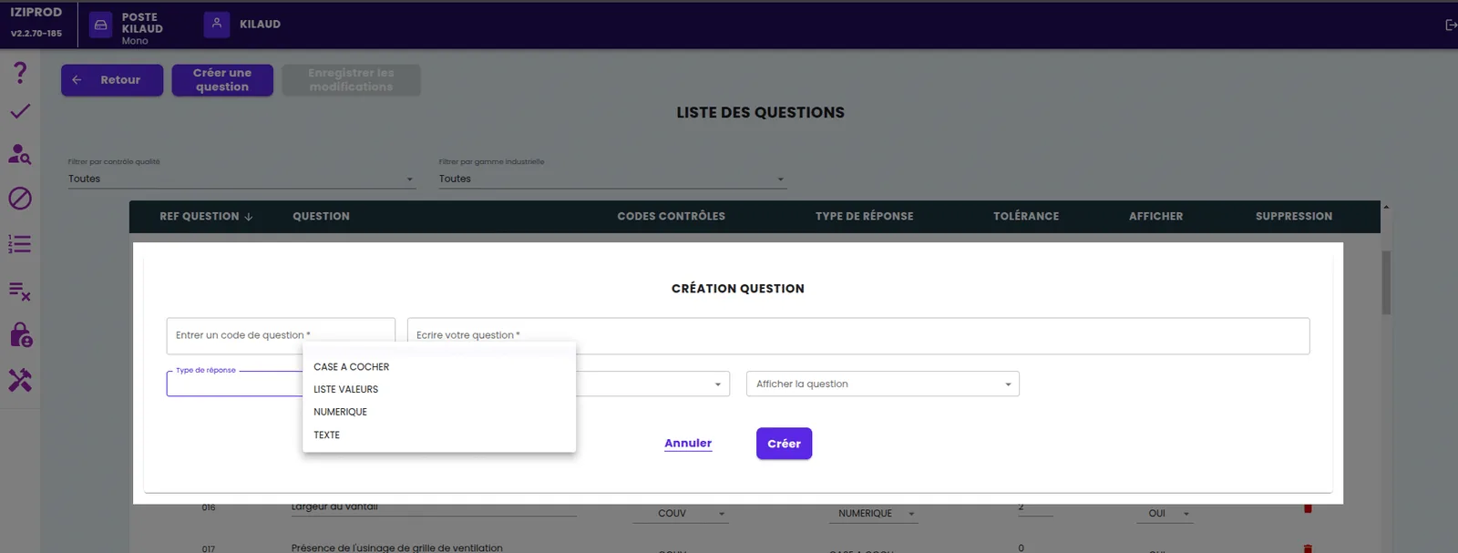 Formulaire de paramétrage d'une question de contrôle qualité dans la GPAO