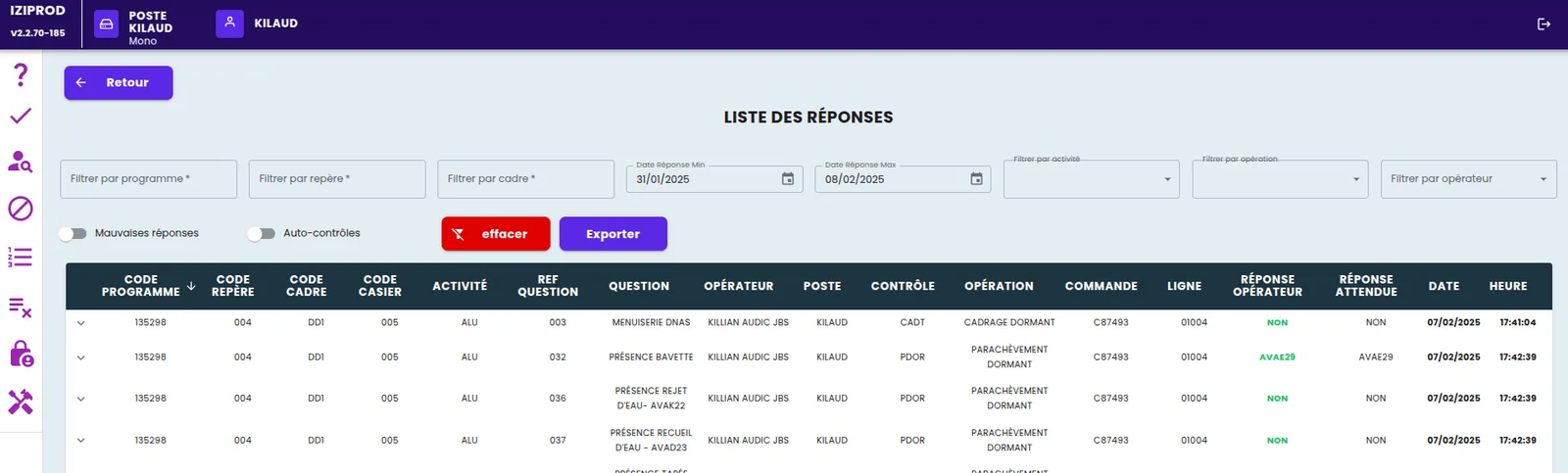 Liste des réponses aux contrôles qualité enregistrées depuis les postes
