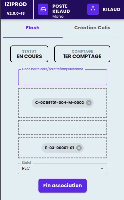 Écran responsive du module d'inventaire pour scanner les colis, les palettes et les emplacements sur terminal mobile
