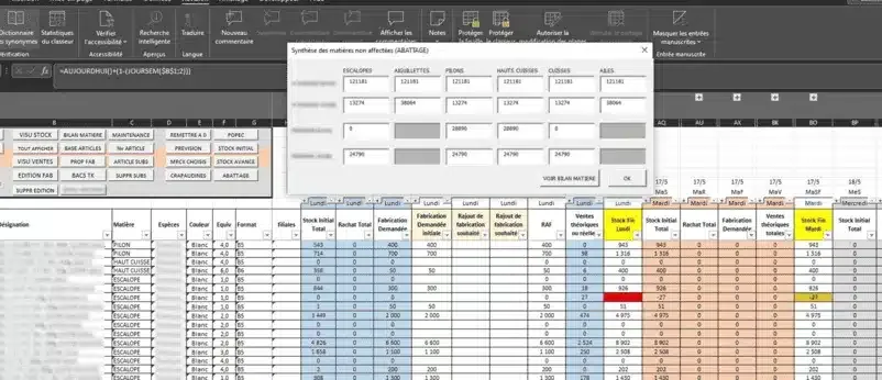 Fenêtre de disponibilité matière recalculée en continu au-dessus du tableau de planification Excel