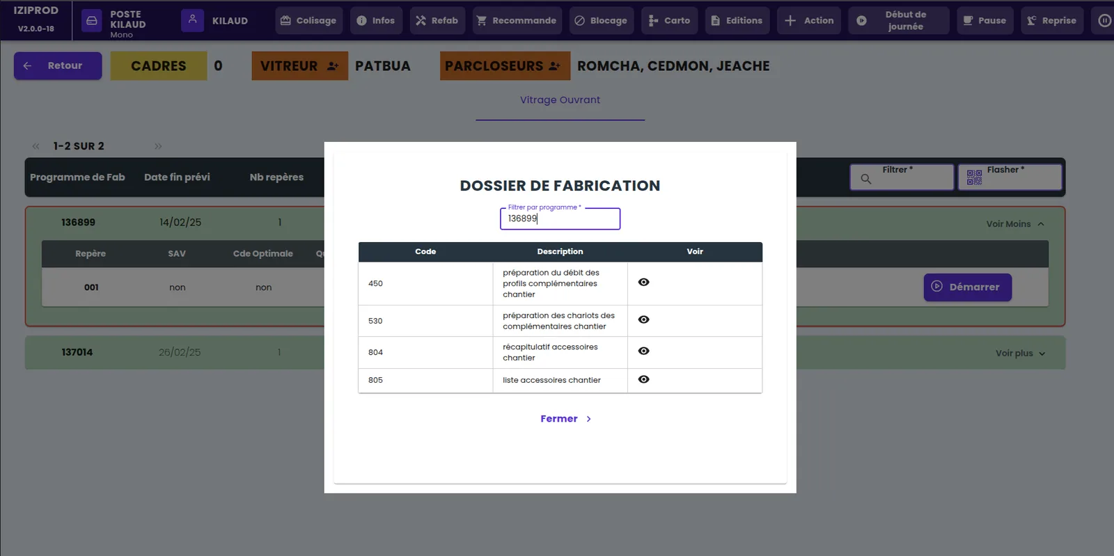 Liste des documents PDF du dossier de fabrication disponibles au poste