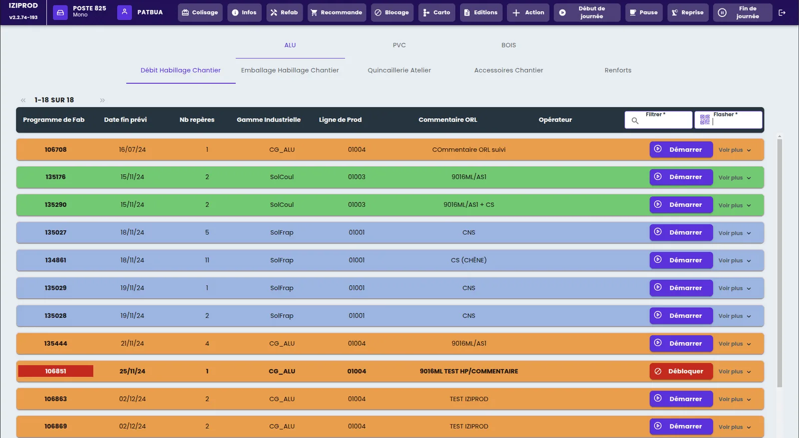 Écran d'un poste de production mono-utilisateur avec la liste des OF