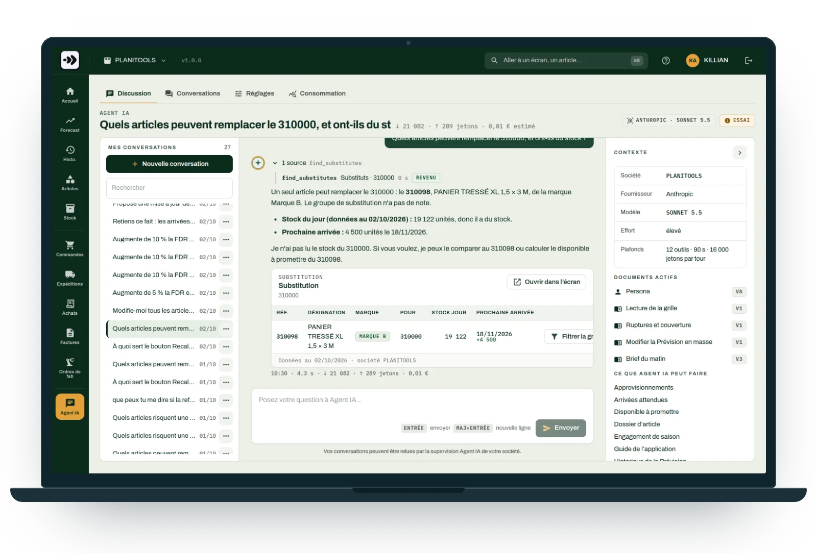 Agent IA de Planiprev : question sur les substituts d'un article, réponse avec le stock du jour, la prochaine arrivée et une carte des substituts.