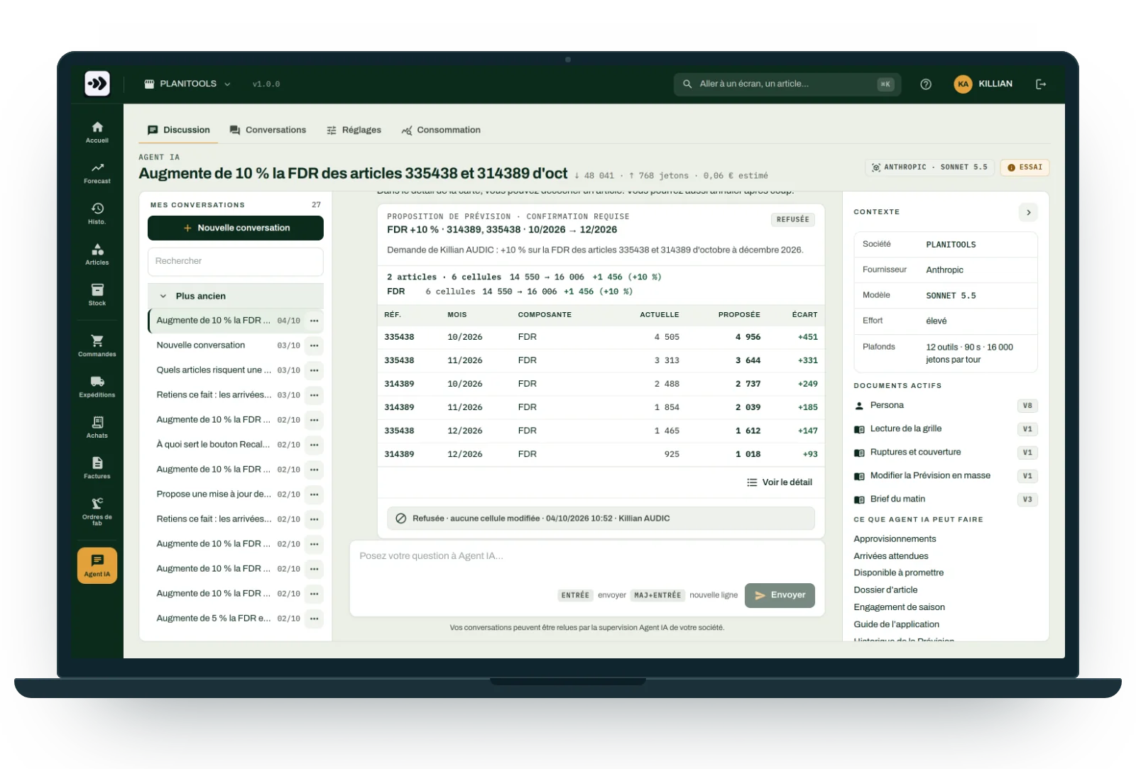 Proposition de prévision de l'Agent IA : +10 % sur le fond de rayon de deux articles sur trois mois, cellule par cellule, avant application.