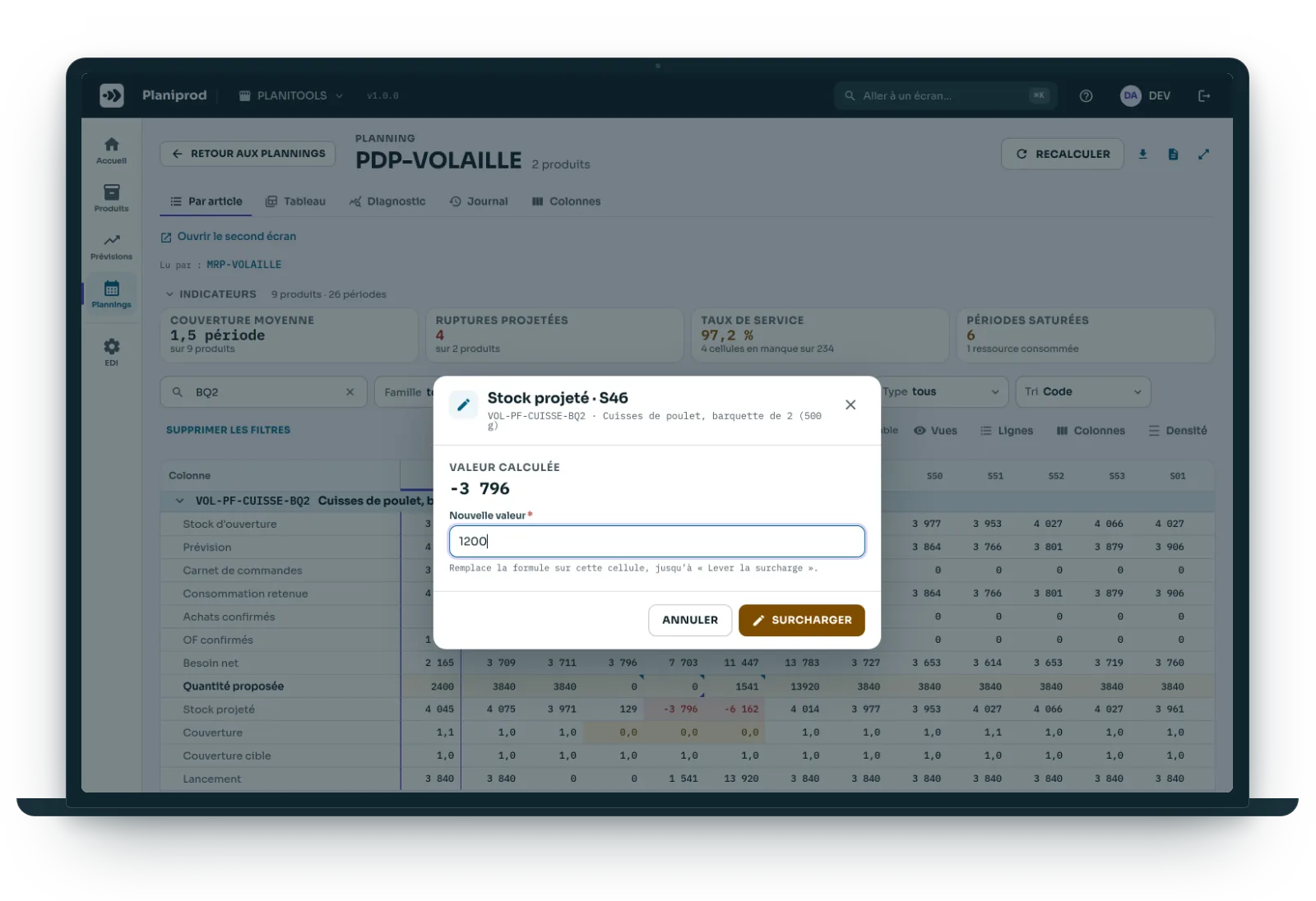 Le planificateur surcharge la valeur d'une cellule calculée du planning.