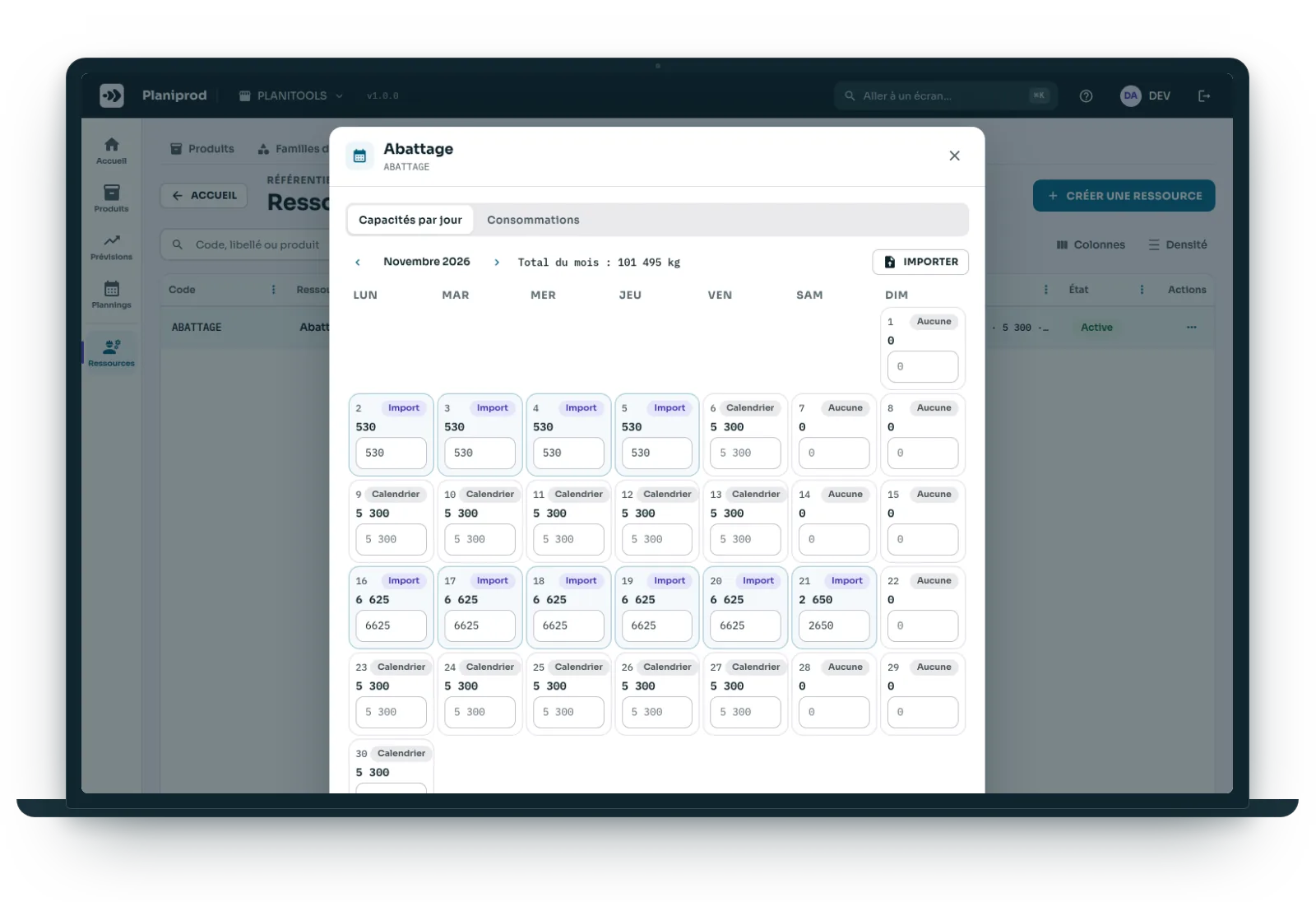 Capacités d'une ressource, jour par jour, dans un calendrier mensuel.