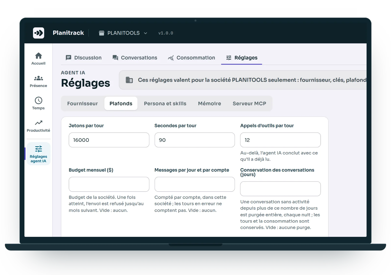 Réglages de l'Agent IA de Planitrack : fournisseur, plafonds par tour, budget mensuel et serveur MCP, société par société.