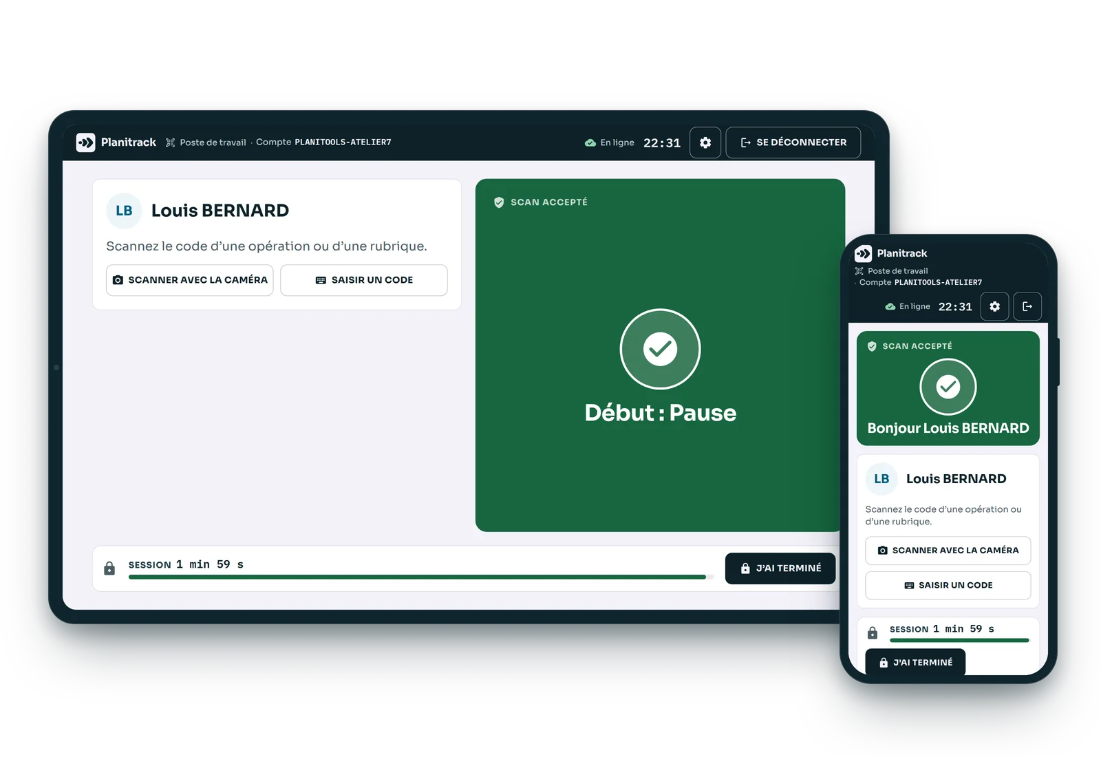 Poste d'atelier Planitrack sur une tablette et un téléphone : scan accepté.