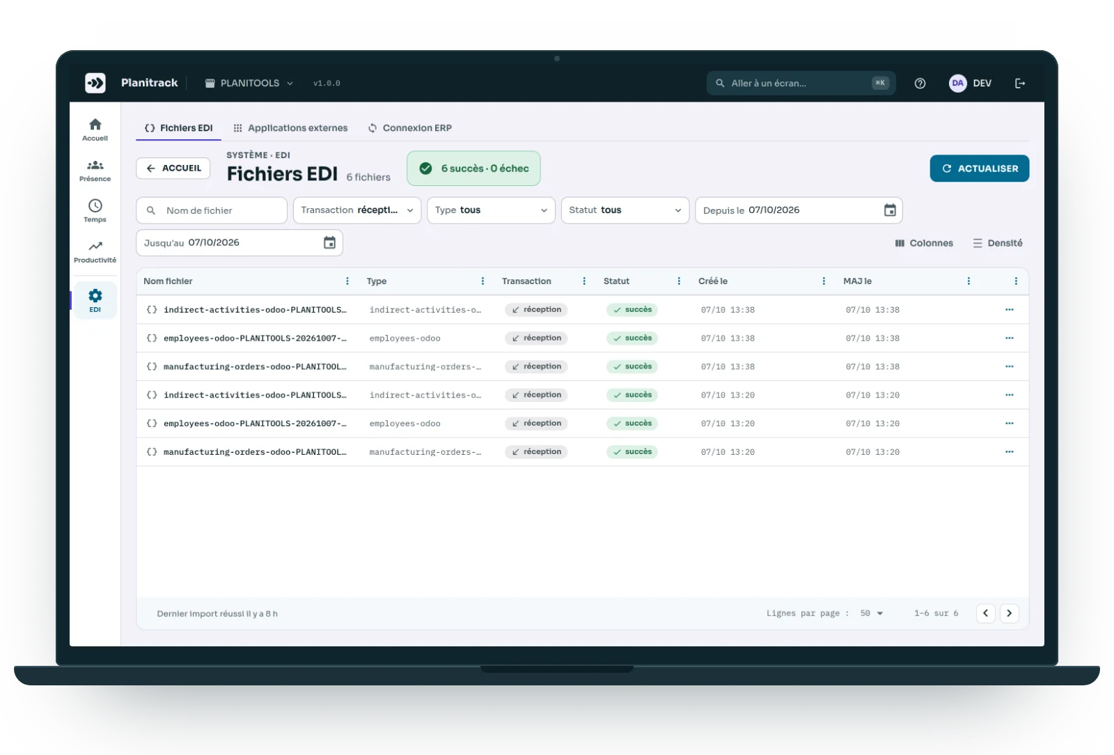 Fichiers EDI de Planitrack : six échanges reçus d'Odoo, six succès, aucun échec.